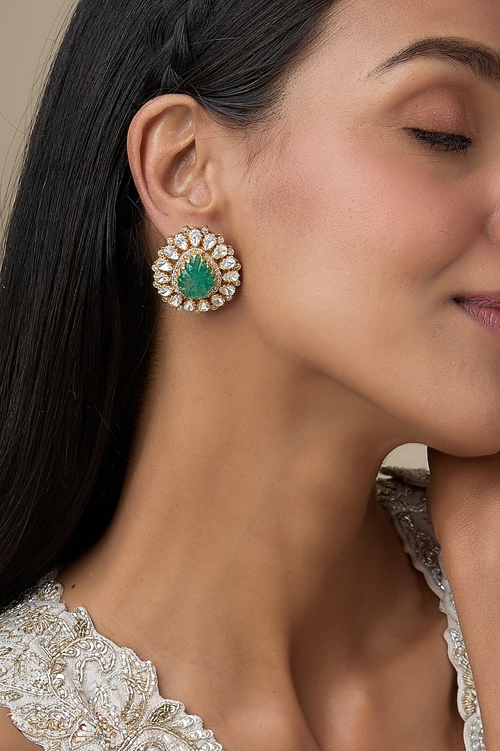 Gold Plated Moissanite Polki & Green Onyx Stud Earrings In Sterling Silver by Kiara Luxe at Pernia's Pop Up Shop