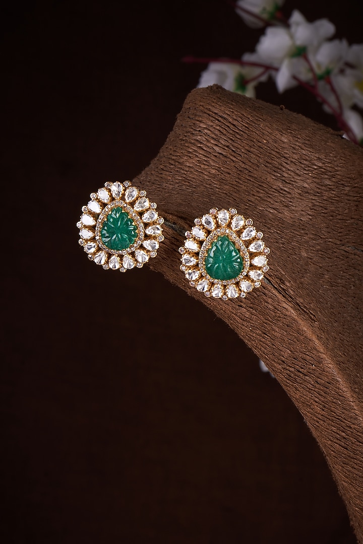 Gold Plated Moissanite Polki & Green Onyx Stud Earrings In Sterling Silver by Kiara Luxe at Pernia's Pop Up Shop