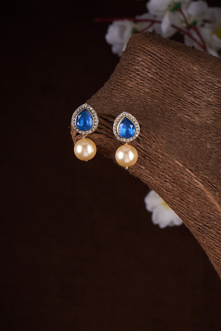 Two Tone Plated Moissanite Polki & Blue Quartz Stud Earrings In Sterling Silver by Kiara Luxe at Pernia's Pop Up Shop