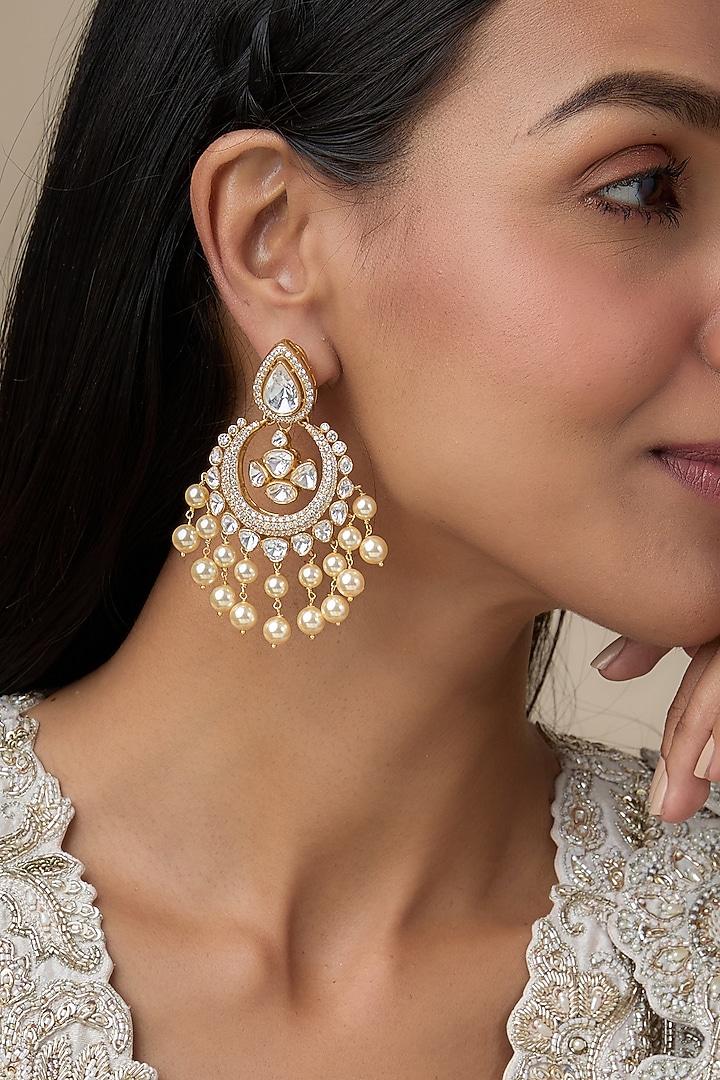 Gold Plated Moissanite Polki & Freshwater Pearl Chandbali Earrings In Sterling Silver by Kiara Luxe at Pernia's Pop Up Shop