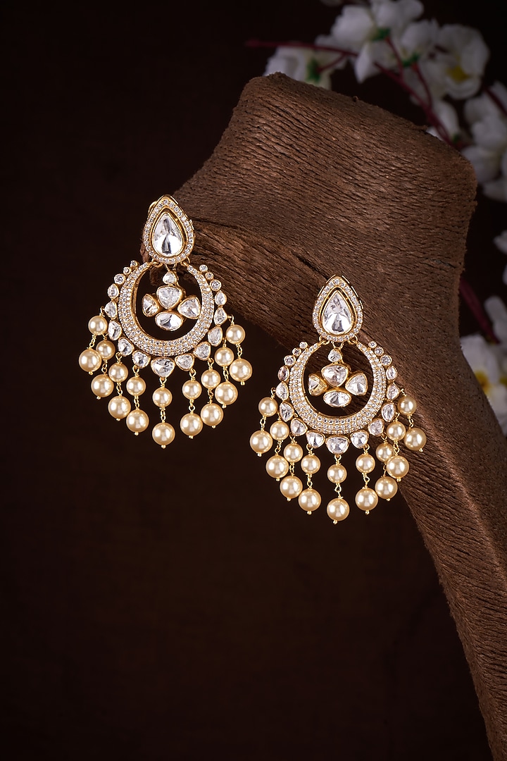 Gold Plated Moissanite Polki & Freshwater Pearl Chandbali Earrings In Sterling Silver by Kiara Luxe at Pernia's Pop Up Shop