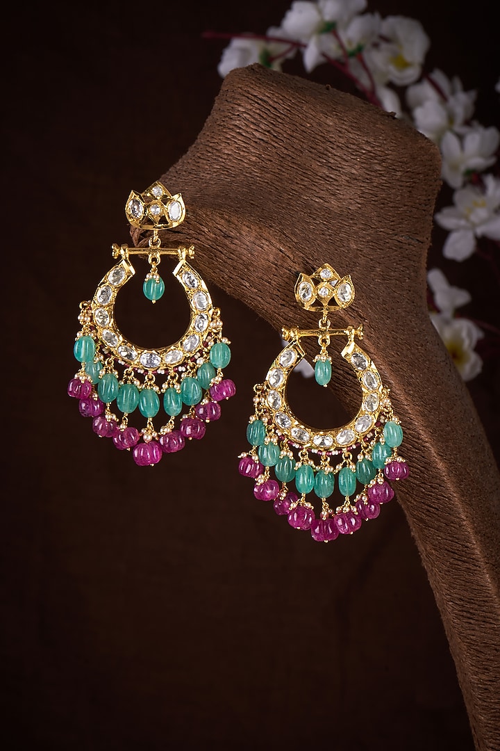 Gold Plated Moissanite Polki & Quartz Chandbali Earrings In Sterling Silver by Kiara Luxe at Pernia's Pop Up Shop
