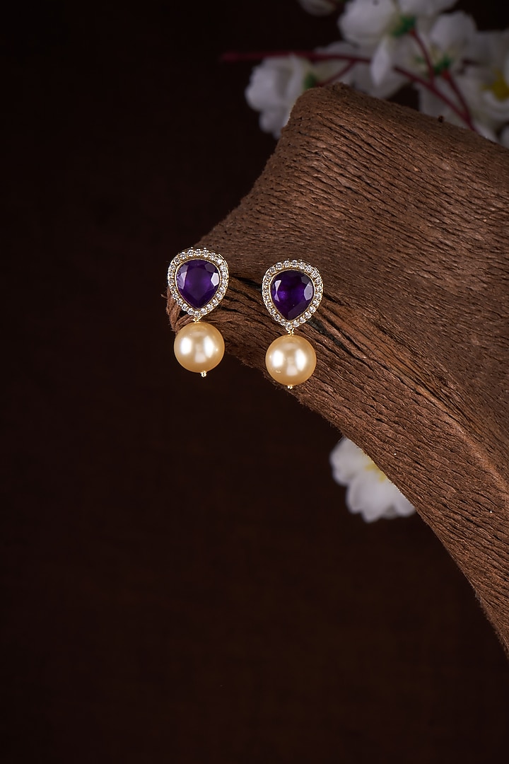 Two Tone Plated Moissanite Polki & Purple Quartz Stud Earrings In Sterling Silver by Kiara Luxe at Pernia's Pop Up Shop