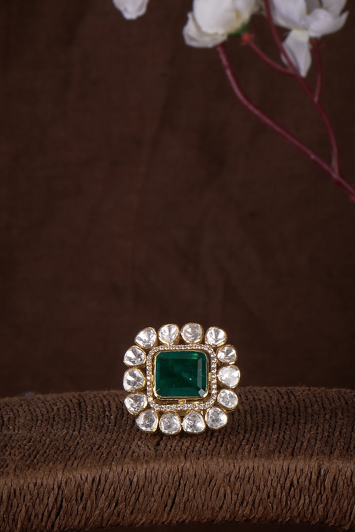 Gold Plated Moissanite & Green Doublet Stone Ring In Sterling Silver by Kiara Luxe at Pernia's Pop Up Shop