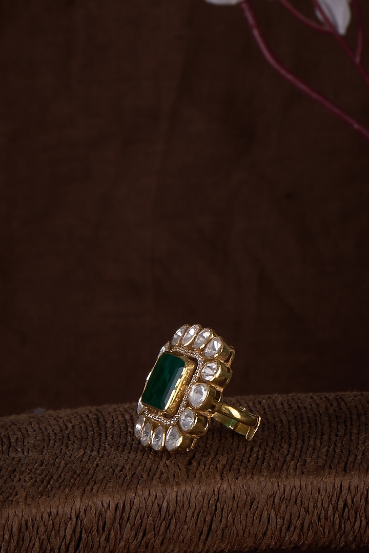 Gold Plated Moissanite & Green Doublet Stone Ring In Sterling Silver by Kiara Luxe at Pernia's Pop Up Shop