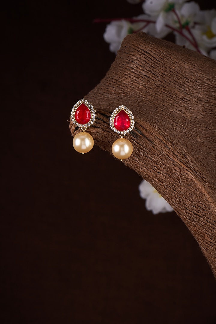 Two Tone Plated Moissanite Polki & Red Quartz Stud Earrings In Sterling Silver by Kiara Luxe at Pernia's Pop Up Shop