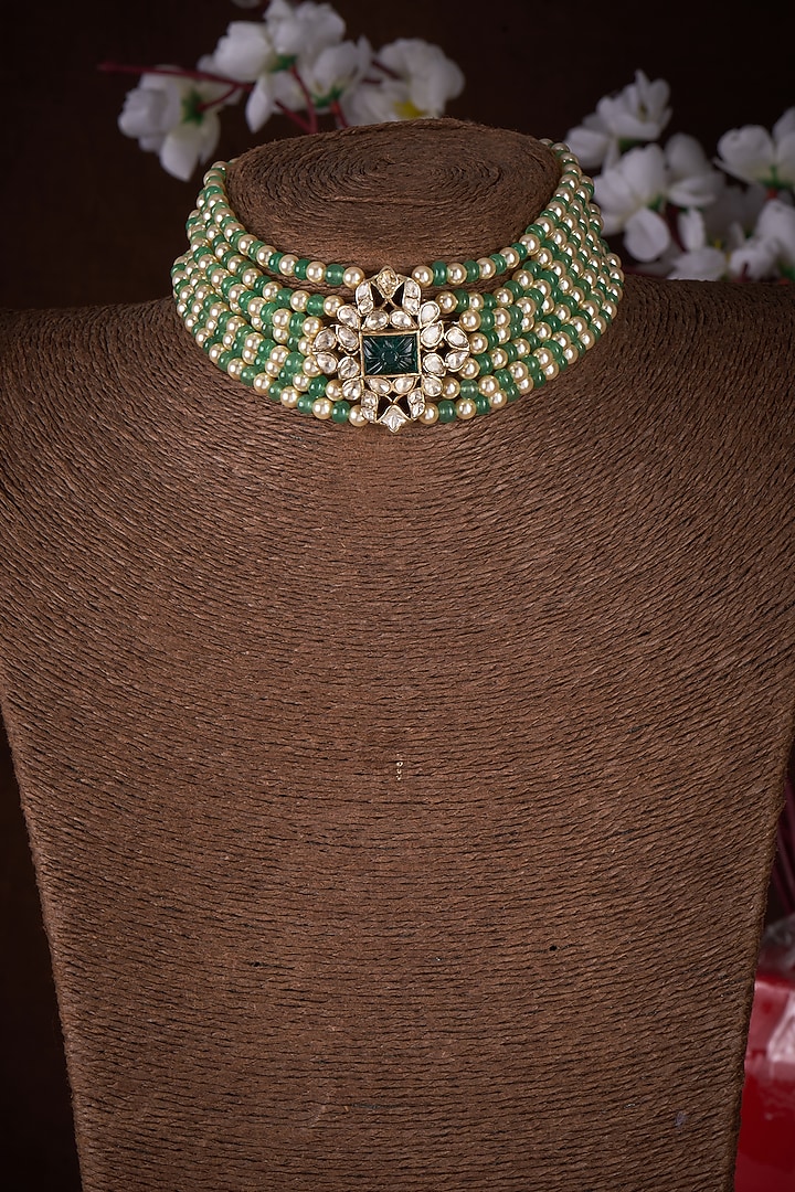 Black Rhodium Plated Moissanite Polki & Freshwater Pearl Choker Necklace In Sterling Silver by Kiara Luxe at Pernia's Pop Up Shop