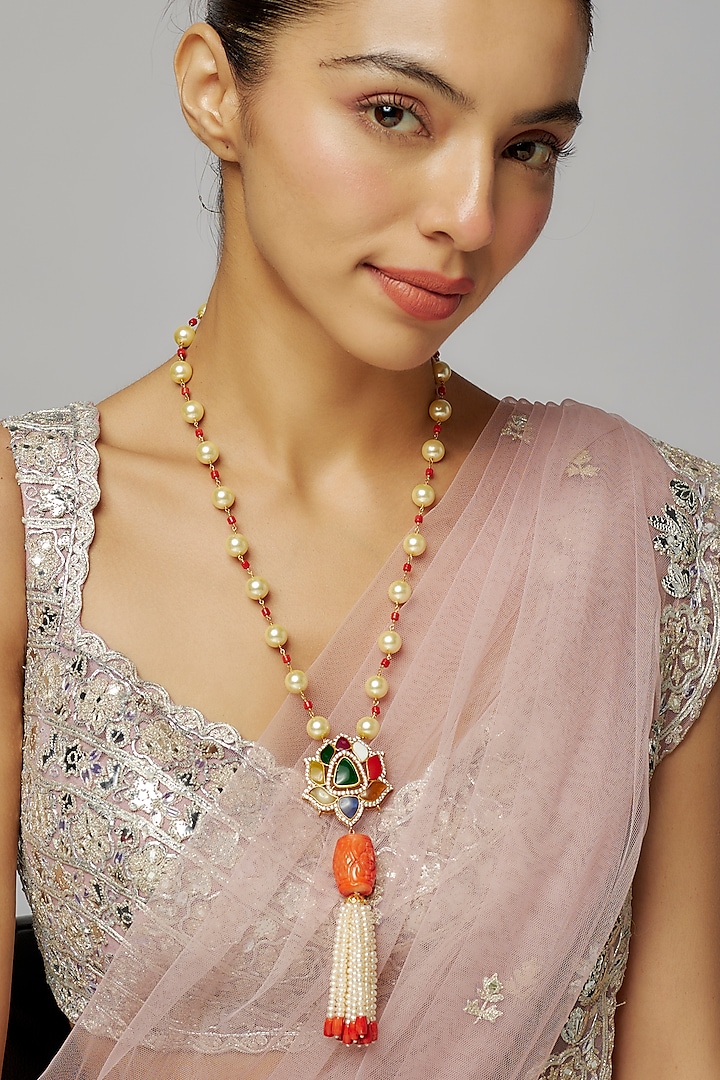 Gold Plated Moissanite Polki & Navratna Stone Long Necklace In Sterling Silver by Kiara Luxe