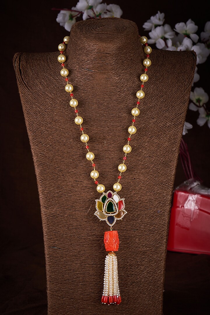 Gold Plated Moissanite Polki & Navratna Stone Long Necklace In Sterling Silver by Kiara Luxe at Pernia's Pop Up Shop