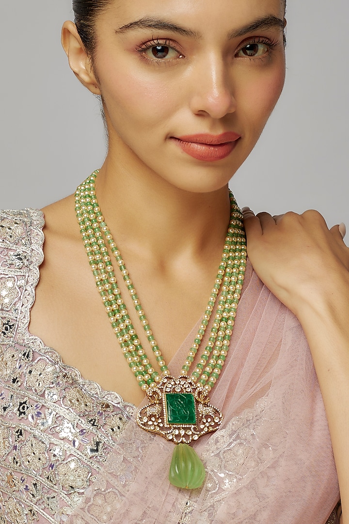 Two Tone Plated Moissanite Polki & Green Beryl Long Layered Necklace In Sterling Silver by Kiara Luxe