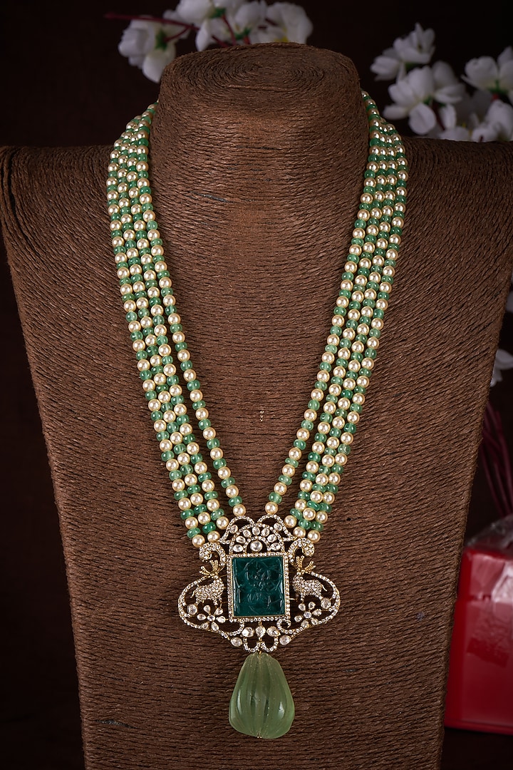 Two Tone Plated Moissanite Polki & Green Beryl Long Layered Necklace In Sterling Silver by Kiara Luxe at Pernia's Pop Up Shop