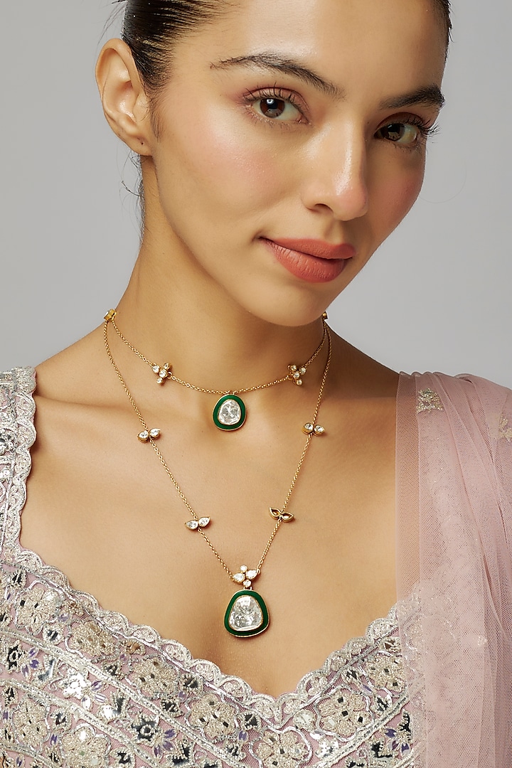 Gold Plated Moissanite Polki Green Enameled Long Necklace In Sterling Silver by Kiara Luxe