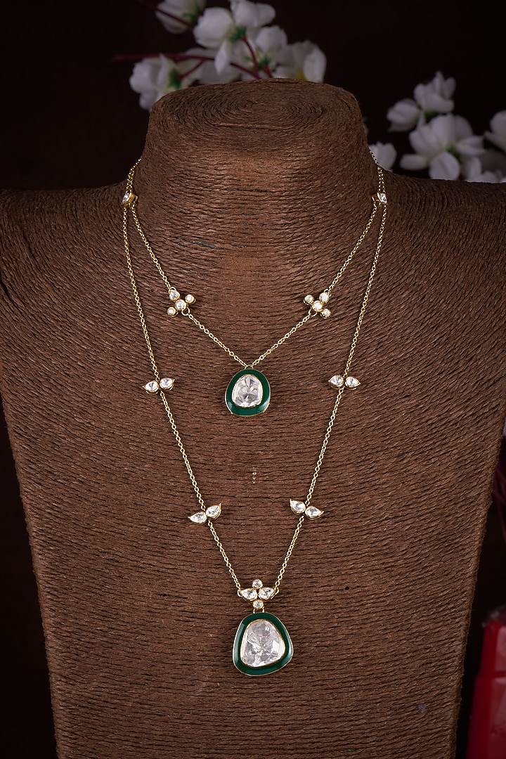 Gold Plated Moissanite Polki Green Enameled Long Necklace In Sterling Silver by Kiara Luxe at Pernia's Pop Up Shop