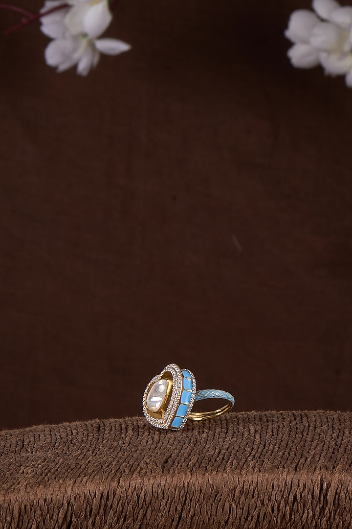 Gold Plated Moissanite Polki Enamelled Ring In Sterling Silver by Kiara Luxe at Pernia's Pop Up Shop