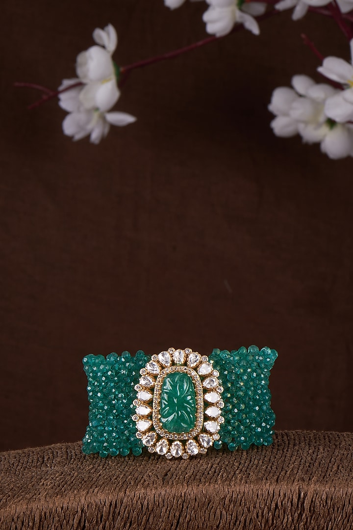 Gold Plated Moissanite Polki & Green Stone Bracelet In Sterling Silver by Kiara Luxe at Pernia's Pop Up Shop