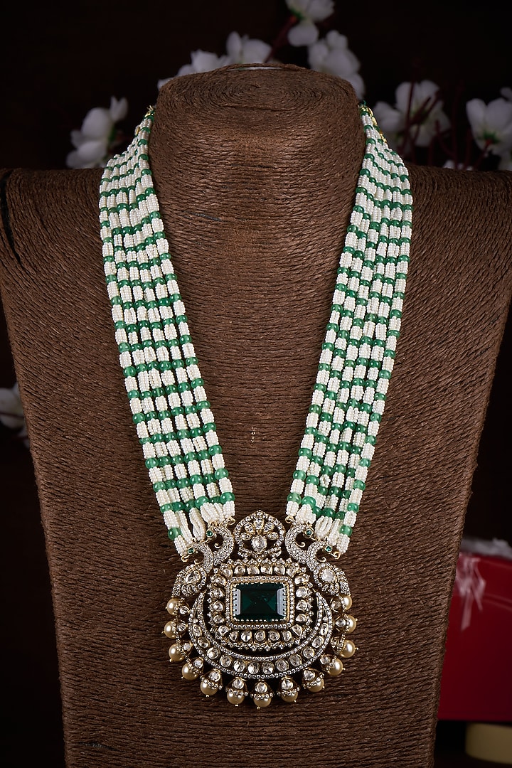 Two-Tone Finish Moissanite Polki & Freshwater Pearl Long Necklace In Sterling Silver by Kiara Luxe at Pernia's Pop Up Shop