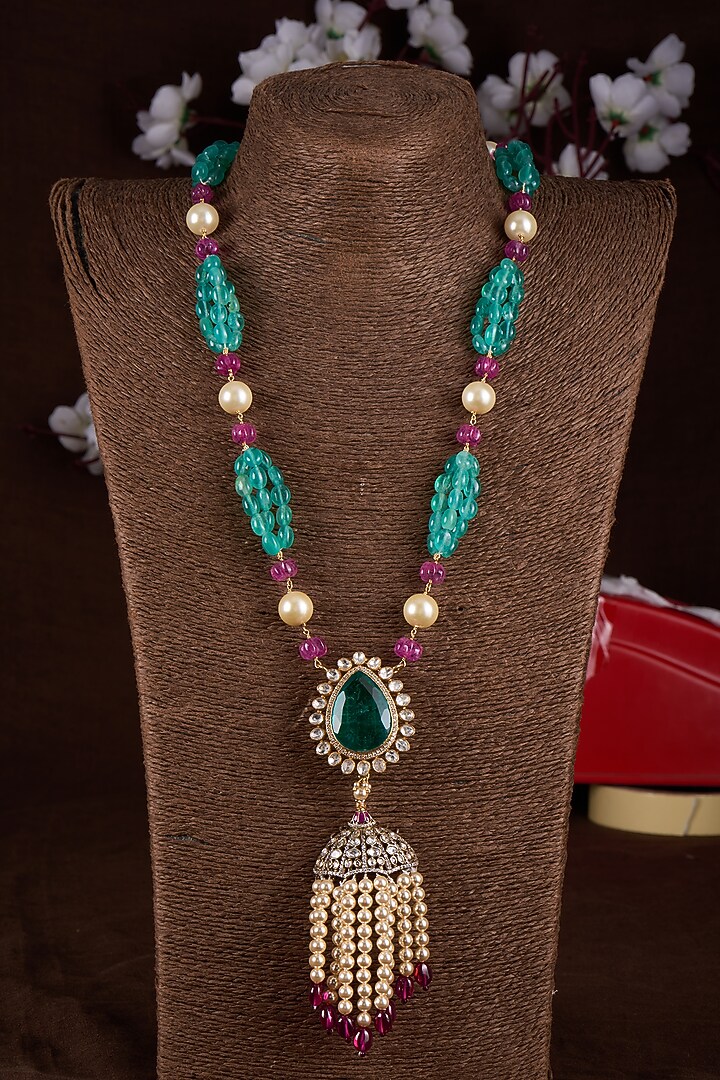 Gold Plated Moissanite Polki & Freshwater Pearl Long Necklace In Sterling Silver by Kiara Luxe at Pernia's Pop Up Shop