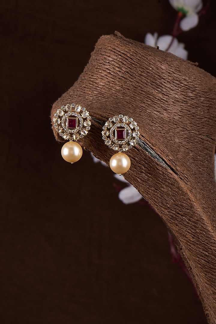 Gold Plated Moissanite Polki & Red Quartz Stud Earrings In Sterling Silver by Kiara Luxe at Pernia's Pop Up Shop