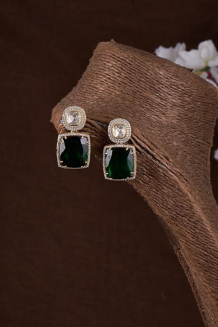 Gold Plated Moissanite Polki & Green Doublet Stone Stud Earrings In Sterling Silver by Kiara Luxe at Pernia's Pop Up Shop