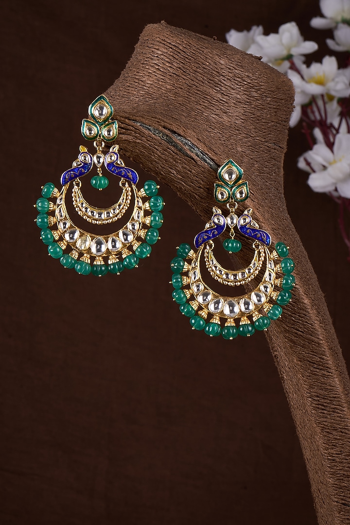 Gold Plated Moissanite Polki & Green Stone Enamelled Chandbaali Earrings In Sterling Silver by Kiara Luxe at Pernia's Pop Up Shop
