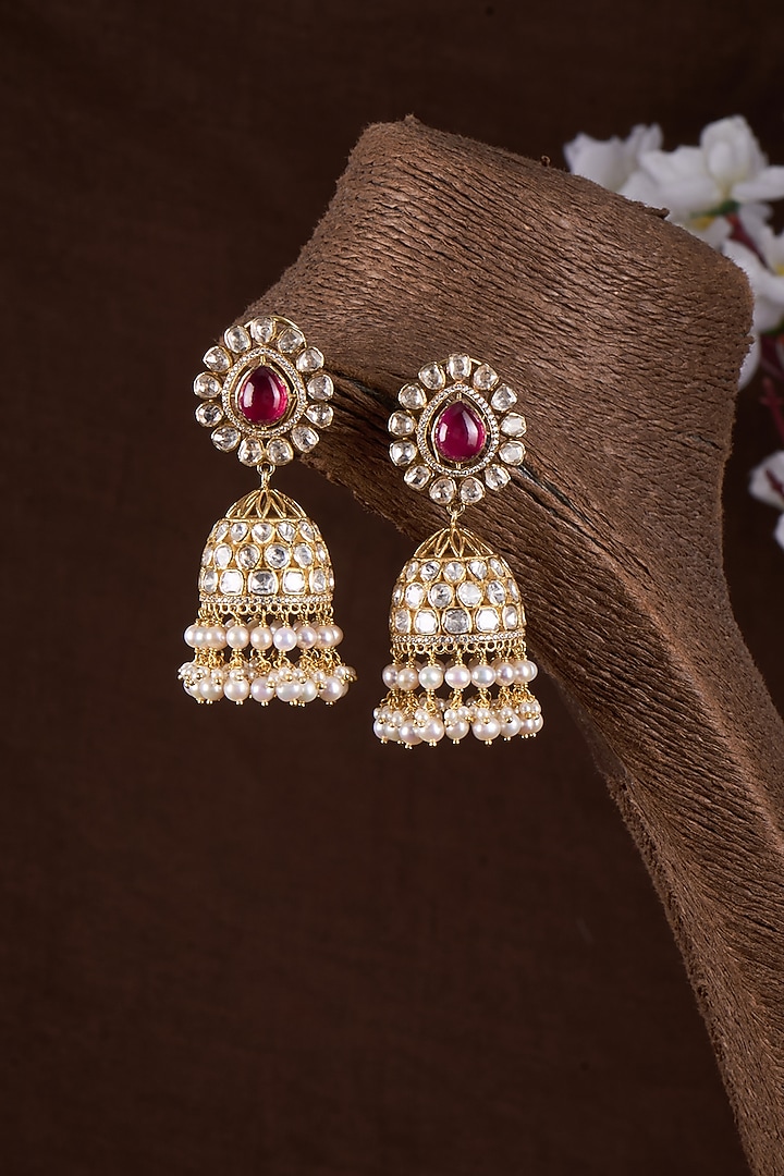 Gold Plated Moissanite Polki Dangler Earrings In Sterling Silver by Kiara Luxe at Pernia's Pop Up Shop
