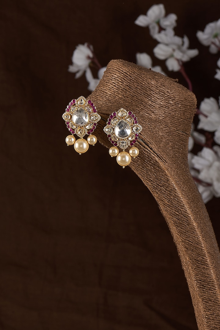 Gold Plated Moissanite & Red Quartz Stud Earrings In Sterling Silver by Kiara Luxe at Pernia's Pop Up Shop