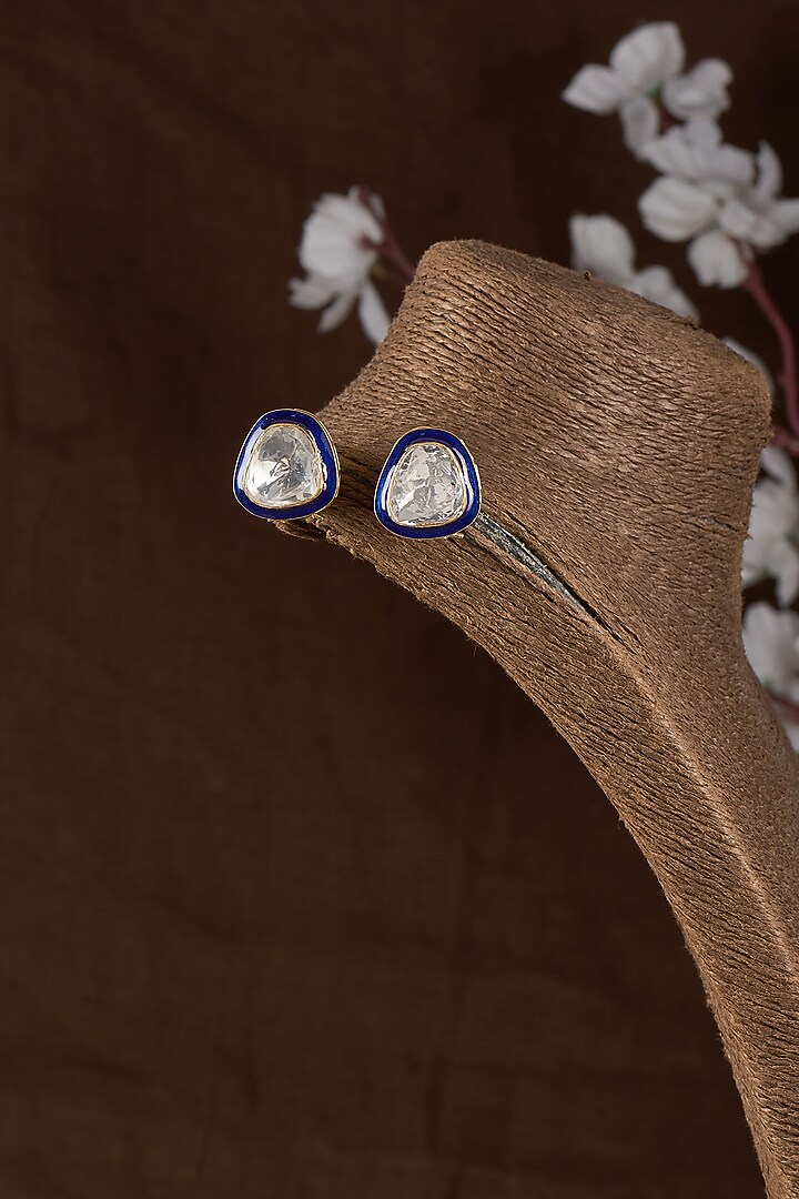 Gold Plated Moissanite Blue Enameled Stud Earrings In Sterling Silver by Kiara Luxe at Pernia's Pop Up Shop