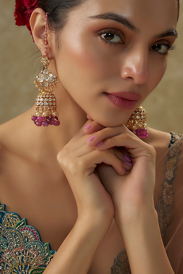 Gold Plated Moissanite Polki & Red Kharbuja Stone Jhumka Earrings In Sterling Silver by Kiara Luxe at Pernia's Pop Up Shop