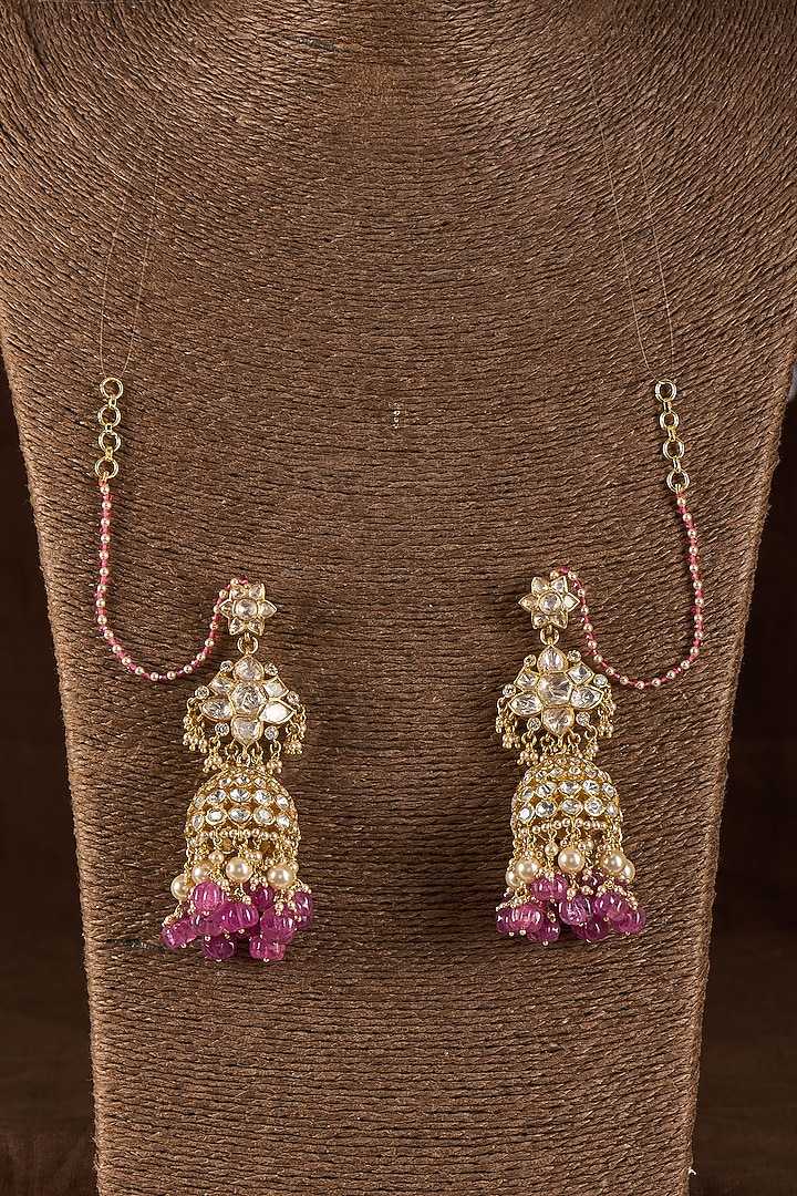 Gold Plated Moissanite Polki & Red Kharbuja Stone Jhumka Earrings In Sterling Silver by Kiara Luxe at Pernia's Pop Up Shop