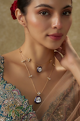 Gold Plated Moissanite Blue Enameled Necklace In Sterling Silver by Kiara Luxe