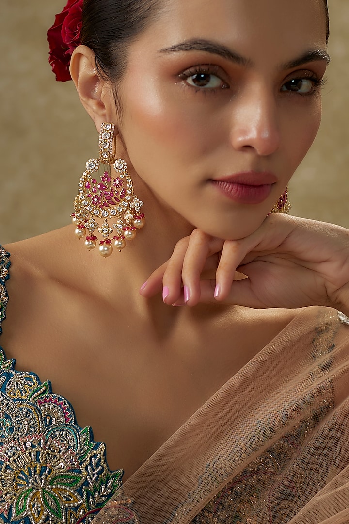 Gold Plated Moissanite Polki & Red Quartz Chandbali Earrings In Sterling Silver by Kiara Luxe at Pernia's Pop Up Shop