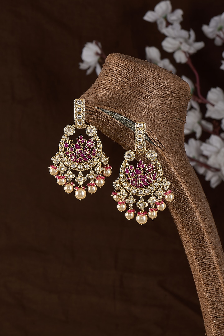 Gold Plated Moissanite Polki & Red Quartz Chandbali Earrings In Sterling Silver by Kiara Luxe at Pernia's Pop Up Shop