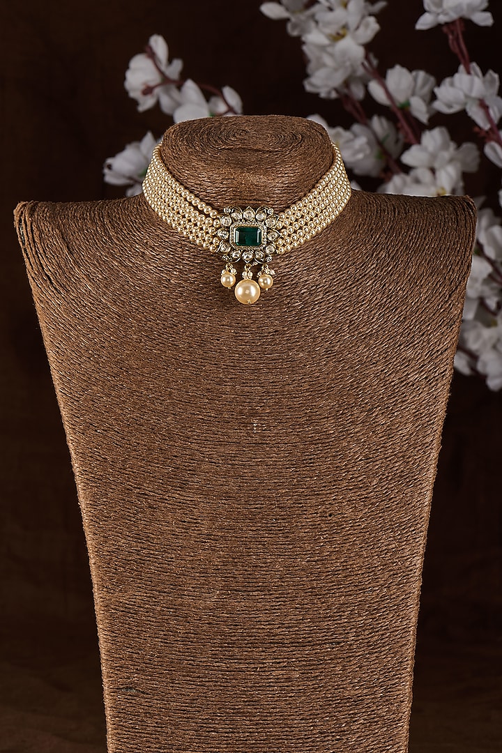 Black Rhodium Plated Moissanite Polki & Pearl Choker Necklace In Sterling Silver by Kiara Luxe at Pernia's Pop Up Shop