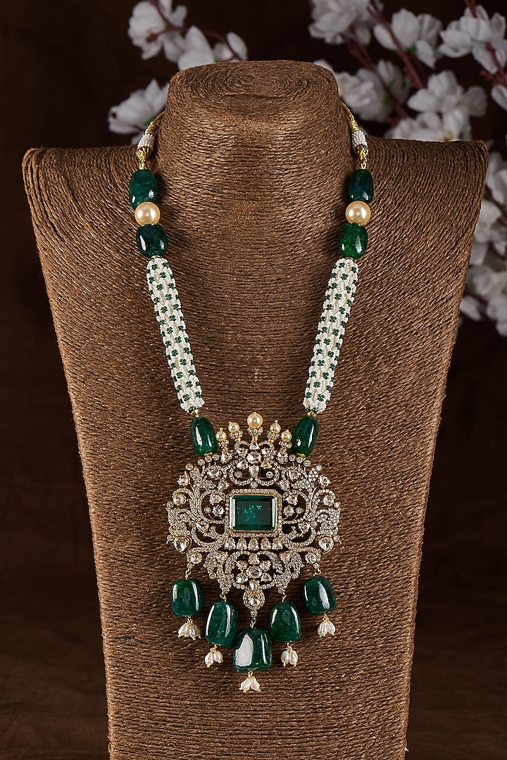 Black Rhodium Plated Moissanite & Pearl Long Necklace In Sterling Silver by Kiara Luxe at Pernia's Pop Up Shop