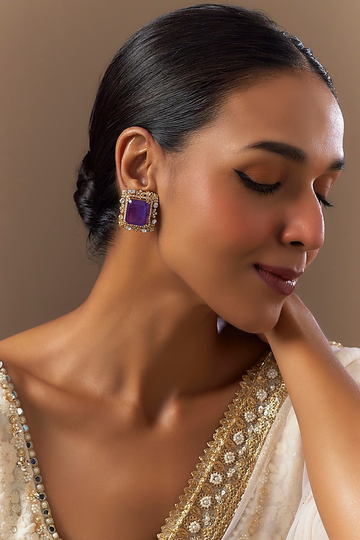 Gold Plated Moissanite & Amethyst Doublet Stone Stud Earrings In Sterling Silver by Kiara Luxe at Pernia's Pop Up Shop