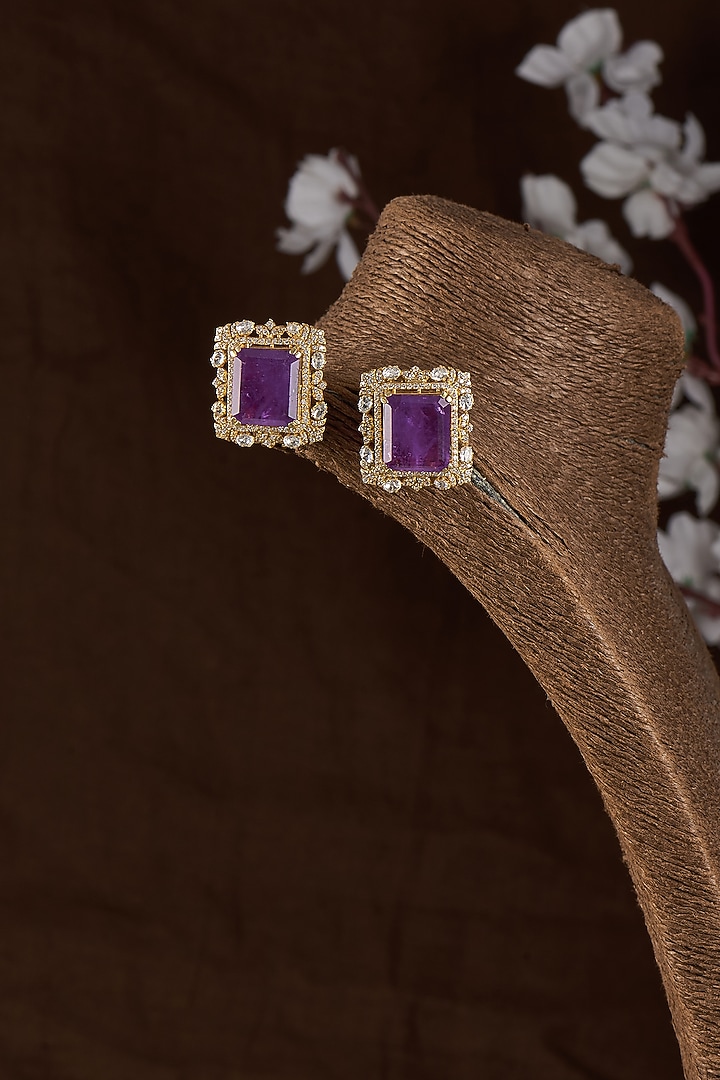 Gold Plated Moissanite & Amethyst Doublet Stone Stud Earrings In Sterling Silver by Kiara Luxe at Pernia's Pop Up Shop