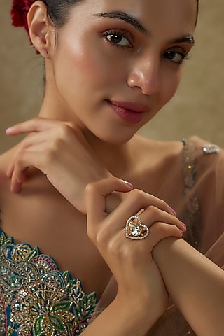 Gold Plated Moissanite Polki Heart Shaped Ring In Sterling Silver by Kiara Luxe
