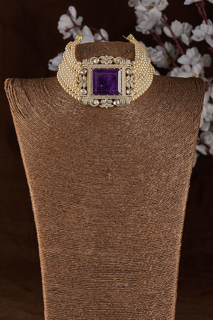 Black Rhodium Plated Moissanite Polki & Amethyst Stone Choker Necklace In Sterling Silver by Kiara Luxe at Pernia's Pop Up Shop