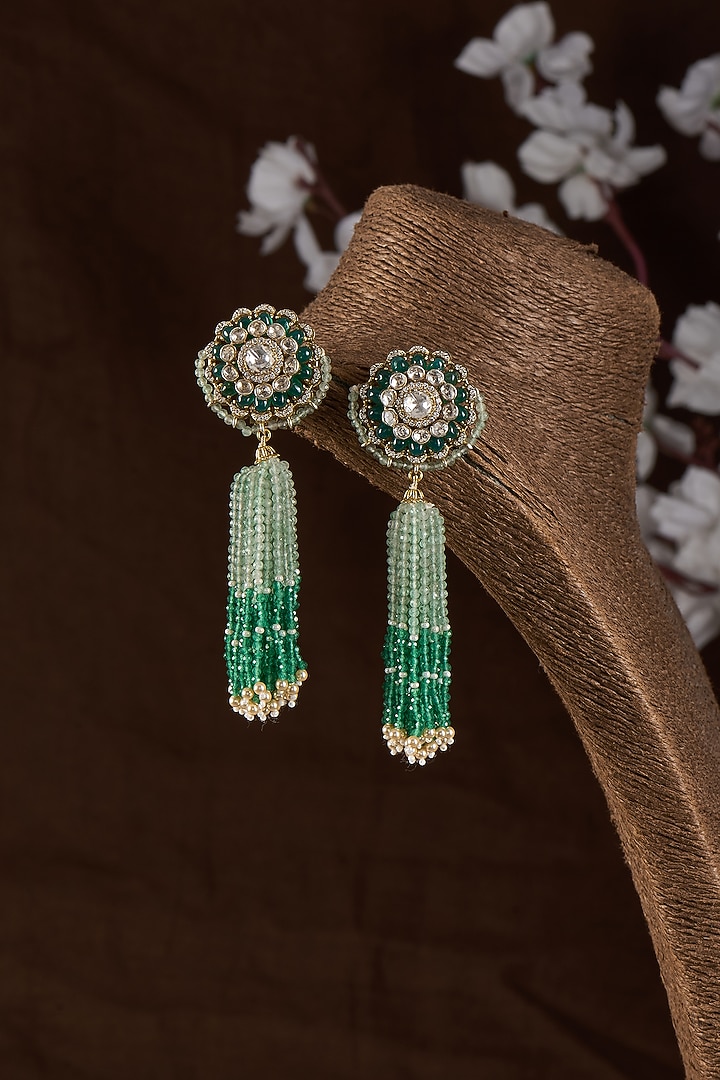 Gold Plated Moissanite Polki & Green Onyx Dangler Earrings In Sterling Silver by Kiara Luxe at Pernia's Pop Up Shop