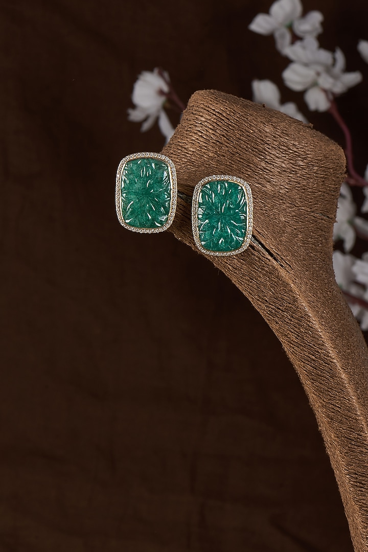 Gold Plated Moissanite Polki & Green Onyx Stud Earrings In Sterling Silver by Kiara Luxe at Pernia's Pop Up Shop