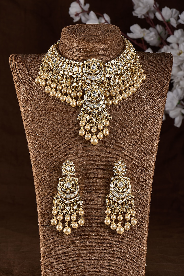 Gold Plated Moissanite Polki & Pearl Choker Necklace Set In Sterling Silver by Kiara Luxe at Pernia's Pop Up Shop
