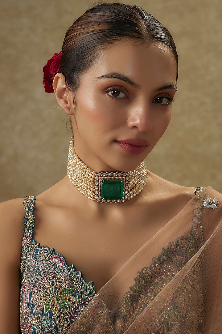 Gold Plated Moissanite Polki & Emerald Doublet Stone Choker Necklace In Sterling Silver by Kiara Luxe at Pernia's Pop Up Shop