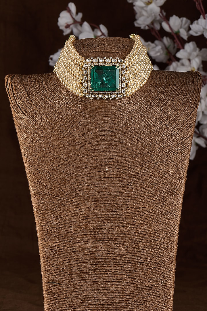 Gold Plated Moissanite Polki & Emerald Doublet Stone Choker Necklace In Sterling Silver by Kiara Luxe at Pernia's Pop Up Shop
