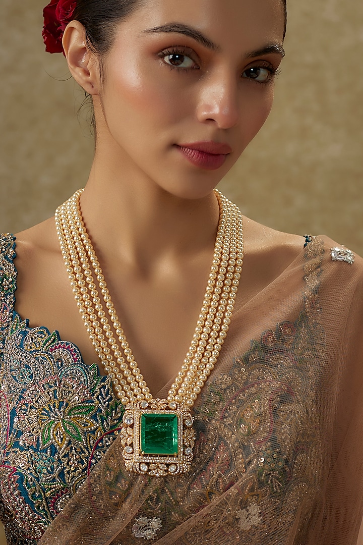 Gold Plated Moissanite Polki & Emerald Doublet Stone Long Necklace In Sterling Silver by Kiara Luxe at Pernia's Pop Up Shop