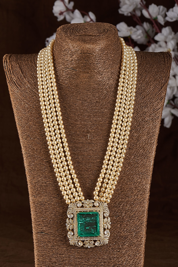 Gold Plated Moissanite Polki & Emerald Doublet Stone Long Necklace In Sterling Silver by Kiara Luxe at Pernia's Pop Up Shop