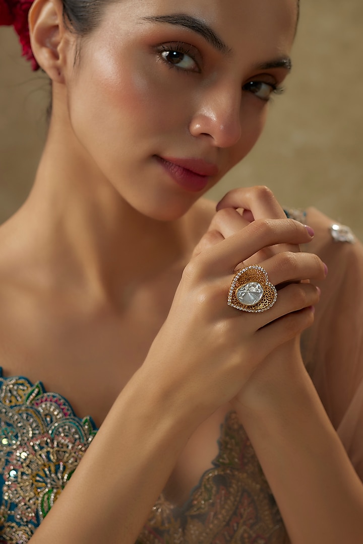 Gold Plated Moissanite Polki Ring In Sterling Silver by Kiara Luxe at Pernia's Pop Up Shop