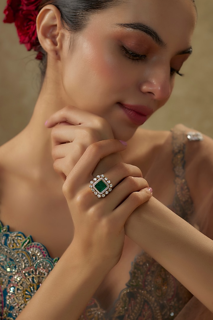 Gold Plated Moissanite Polki & Green Doublet Stone Ring In Sterling Silver by Kiara Luxe at Pernia's Pop Up Shop