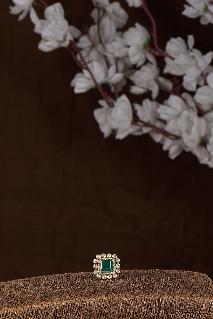 Gold Plated Moissanite Polki & Green Doublet Stone Ring In Sterling Silver by Kiara Luxe at Pernia's Pop Up Shop