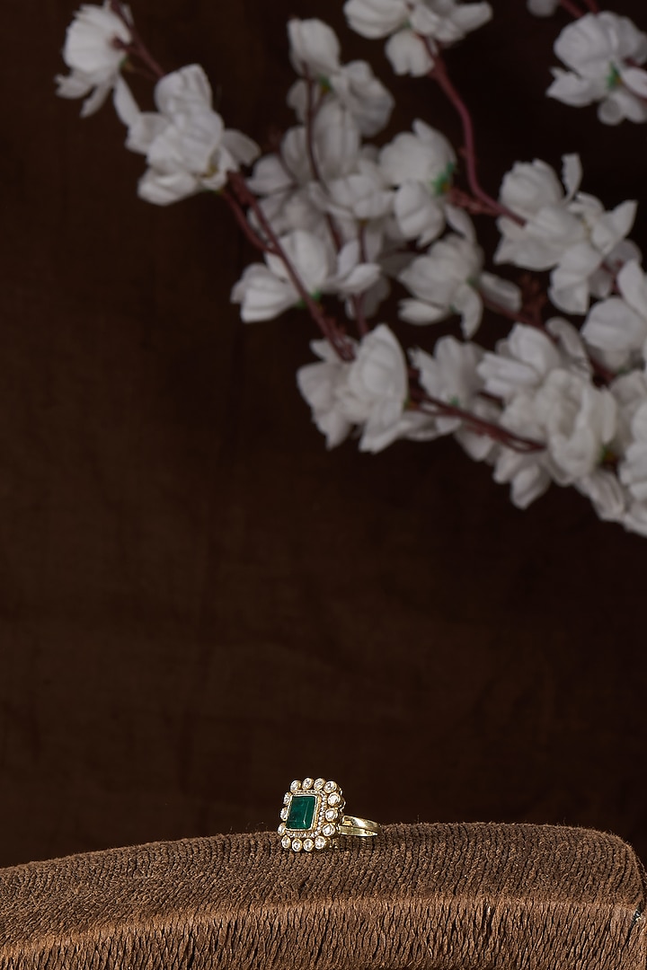Gold Plated Moissanite Polki & Green Doublet Stone Ring In Sterling Silver by Kiara Luxe at Pernia's Pop Up Shop
