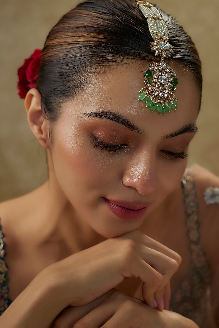 Gold Plated Moissanite Polki & Carved Green Onyx Maangikka In Sterling Silver by Kiara Luxe at Pernia's Pop Up Shop